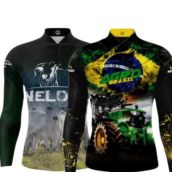 KIT 2 Camisa Camiseta de Pesca Agro Gola Zíper Proteção Solar UV New Fisher