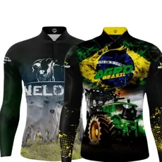 KIT 2 Camisa Camiseta de Pesca Agro Gola Zíper Proteção Solar UV New Fisher