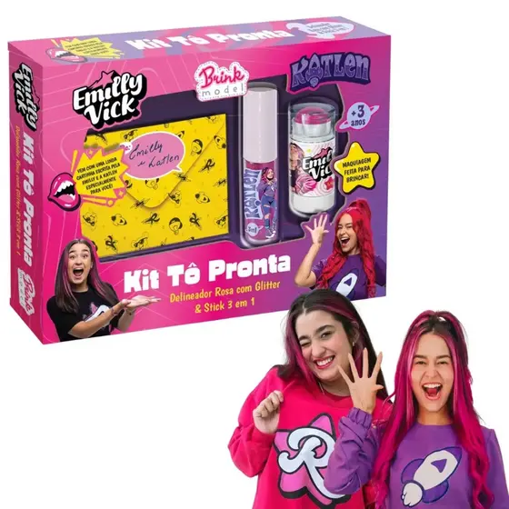 Kit Make Infantil Emilly Vick e Katlen Tô Pronta Delineador Rosa Glitter + Stick 3 em 1 Original +3