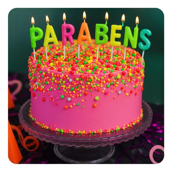 Vela Parabéns Aniversário Kit Festa Neon Topo De Bolo 8 Pçs.