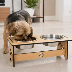 Comedouro Duplo Pet Mdf Pote Alumínio Alimentador Antiodor