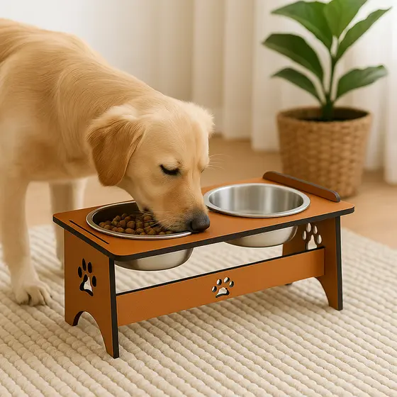 Comedouro Elevado em MDF para Cachorro e Gato Design com Patinhas Potes Aluminio