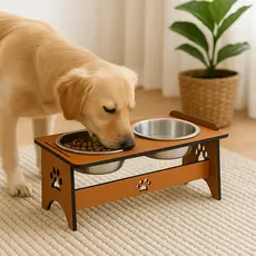 Comedouro Elevado em MDF para Cachorro e Gato Design com Patinhas Potes Aluminio