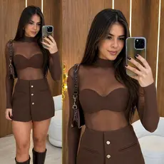Body Tule Feminino Manga Longa Transparente Estilo Elegante Gringa Roupa Sensual Premium