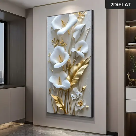 Quadro Decorativo 120x90cm Copo de leite  Branco e dourado leveza Decore Sala,Quarto,Copa,consultório,escritório,hall