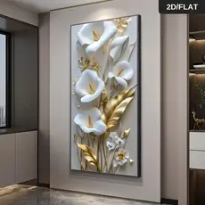 Quadro Decorativo 120x90cm Copo de leite  Branco e dourado leveza Decore Sala,Quarto,Copa,consultório,escritório,hall