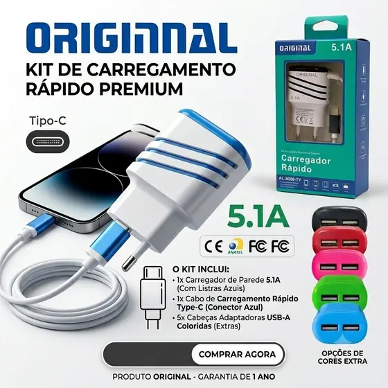 Fonte Carregador Tipo-C 5.1A 2 USB Bivolt Cabo Fixo Altomex AL-9006-TY