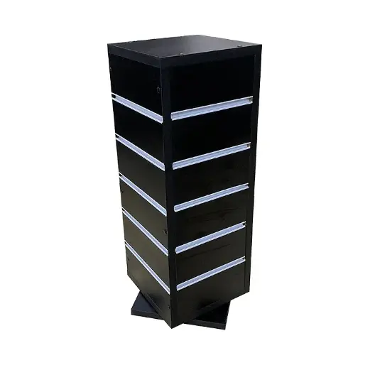 EXPOSITOR DE BALCÃO GIRATÓRIO QUADRADO DE MDF 18mm PRETO + 25 GANCHOS DE 15 CM PRETO