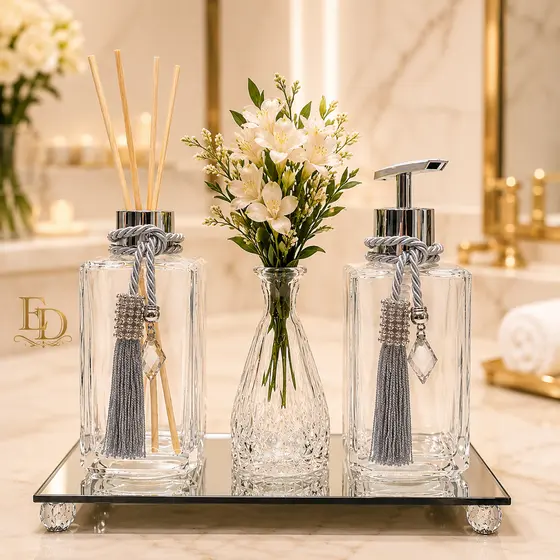 Kit Lavabo Luxo Vidro Difusor Saboneteira Bandeja - Square Transparente 250ml