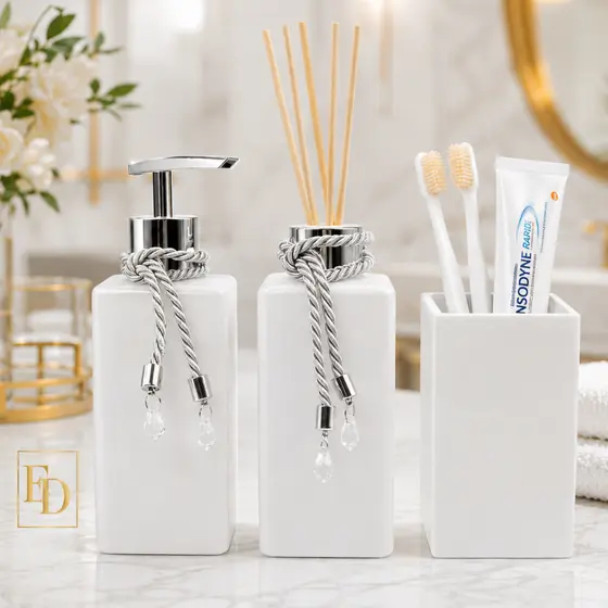 Kit Lavabo Branco Luxo  Saboneteira  Difusor  Porta Escova De Dentes Em Vidro