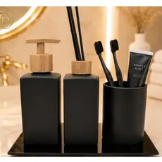 Kit Lavabo Luxo Square Vidro Preto Fosco 250ml Com Saboneteira, Aromatizador, Porta Escova e Bandeja