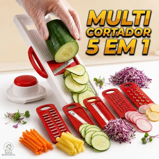 Multi Cortador Fatiador Mandolin Ralador 5 Em 1 Legumes com Apoiador e Trava 5 Lâminas