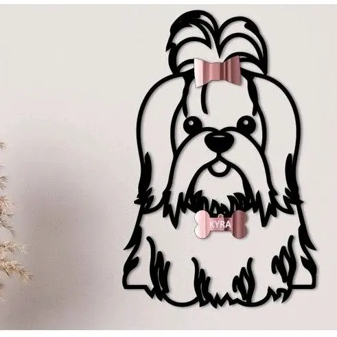 Quadro Decorativo Cachorro Maltês Aplique De Parede Vazado Decoração Sala Quarto Cozinha Dog Madeira Mdf 3mm e Acrílico