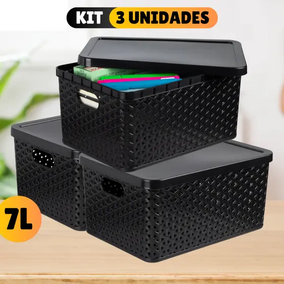 Kit Com 3 Cesto Caixa Organizadora Rattan Com Tampa 7 Litros Preto Multiuso