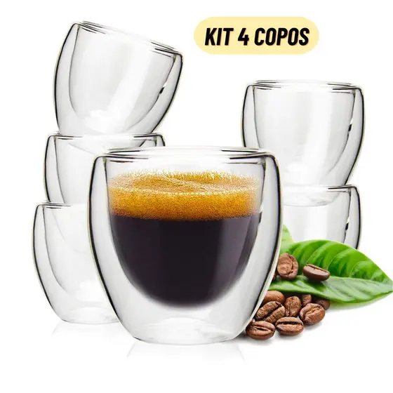 Copo Parede Dupla de Vidro 80 ml para Café Chá Suco Cerveja Chopp Copo Duplo Isolante Kit 4