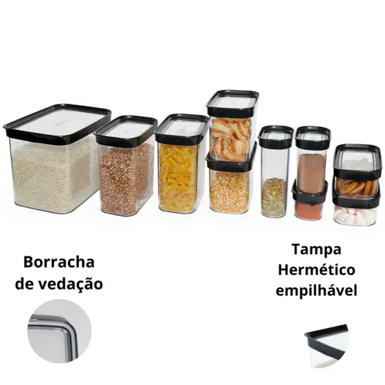 Kit 10 Pote Hermético Acrílico Com Tampa Potes Herméticos Empilhaveis Preto