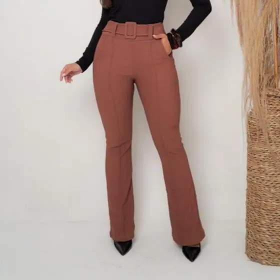 calça Flare social bailarina tecido pop com cinto fixo cintura alta