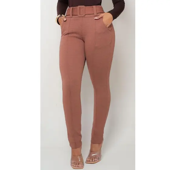 CALÇA FEMININA LEGGINGS JACQUARD LINHO COM CINTO EMBUTIDO