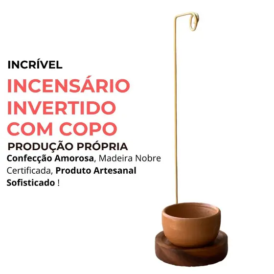 Incensário Invertido com Copo em Madeira Nobre Sofisticado Grande Não Cai cinza Fora Fácil de Limpar