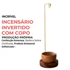 Incensário Invertido com Copo em Madeira Nobre Sofisticado Grande Não Cai cinza Fora Fácil de Limpar