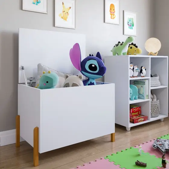Baú Infantil Caixa Organizadora De Brinquedos Pés Madeira Com Tampa Quarto