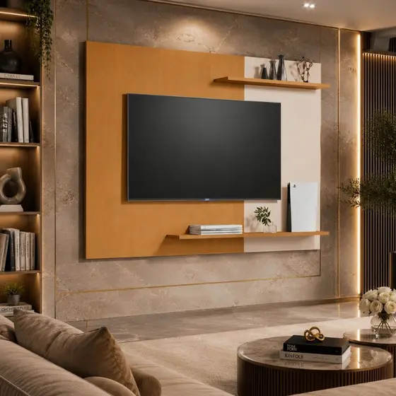 Painel De TV Até 50 Polegadas Suspenso Com Prateleira Nichos E Ripado Para Sala E Quarto