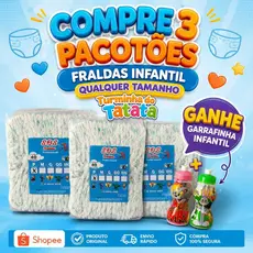 kit 3 Pacotões Fraldas Infantil Econômico ( P-120 un / M- 120un/ G-120un /GG - 114un/ XXG- 108un) + Ganhe 1 Garrafinha