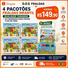 4 Pacotões Fraldas Infantil (Qualquer Tamanho) + Kit Desenhos e Giz de cera