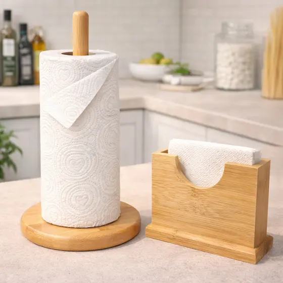 Kit Porta Papel Toalha Suporte bambu + Porta Guardanapo bambu Bancada