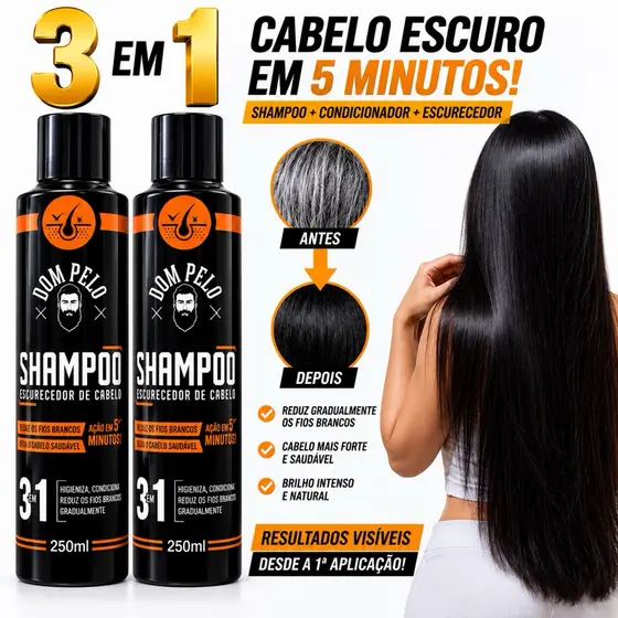 Kit 2 Shampoo Escurecedor Dom Pelo Sem Amônia 250ml Reduz Fios Brancos Cabelo Barba Original Tonalizante