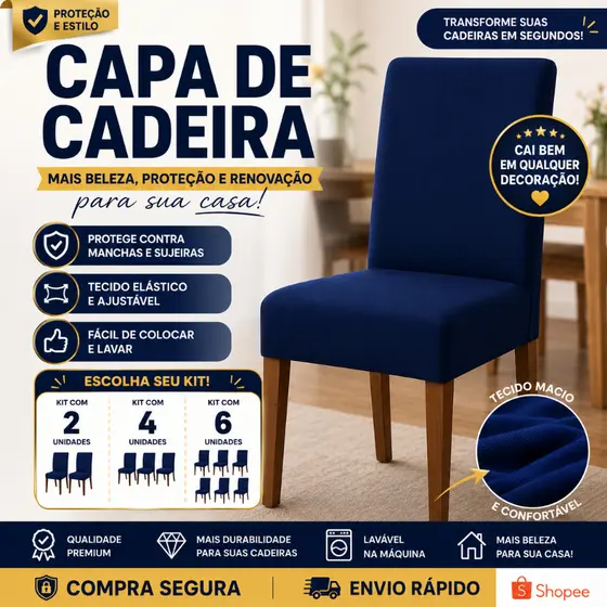 Capa De Cadeira Kit 4 e 6 Lugares Spandex Com Elástico Ajustavel