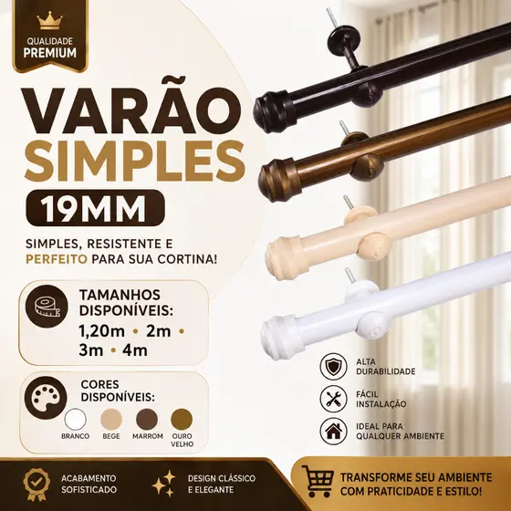 Varão Simples pra Cortina de 2, 3 e 4 Metros 19mm para Casa, Igreja e Escritório