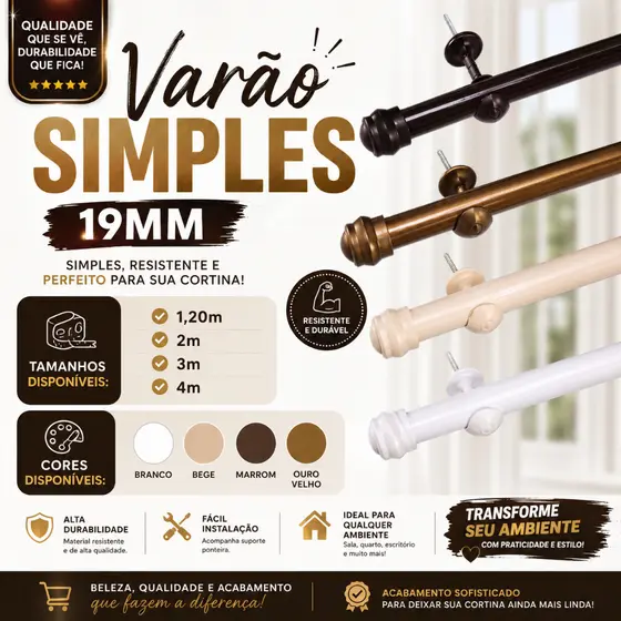 Varão Simples pra Cortina de 2, 3 e 4 Metros 19mm para Casa, Igreja e Escritório