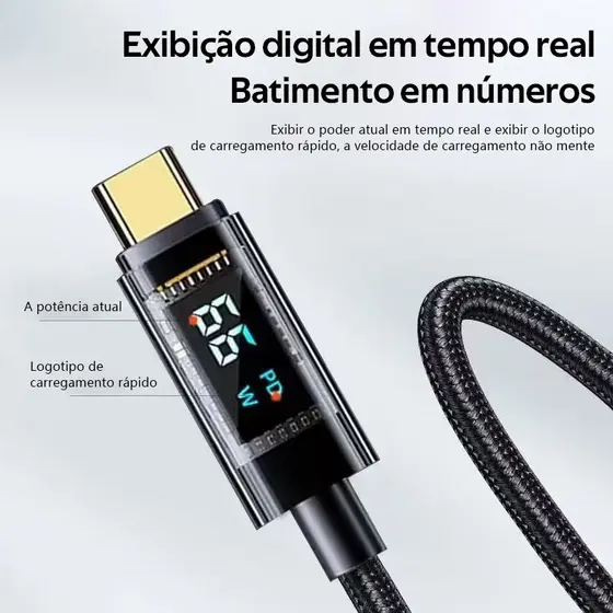 Carregador rápido original 100W PD com cabo de dados 66W USB tipo C com display digital LED -A2