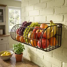 Fruteira Cesto de Parede em Aramado de Ferro 40x20cm p/ Balcão de Armario, Cozinha. Preto ou branca