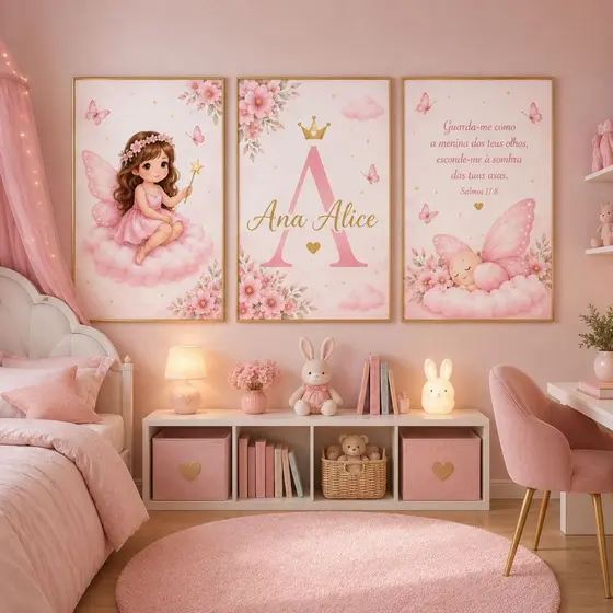 Quadro Decorativo Quarto Infantil Fadas e Borboletas com nome quarto infantil