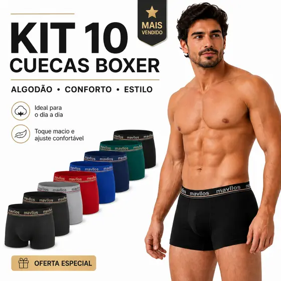Kit 10 ou 5 Cuecas Boxer Adulto de Algodão Premium Original Mavllos com Forro de Algodão
