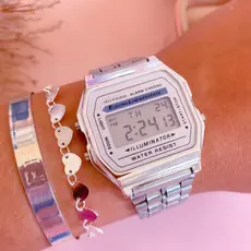 Relógio Retrô Wr Unissex Prata Fundo Branco Preto Digital Led Vintage Feminino