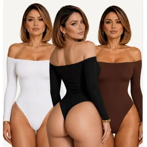 Body Ombro a Ombro Manga Longa Ciganinha  Blusa Feminina  Forro Duplo Suplex  Bory Elegante Moda Gringa Festas