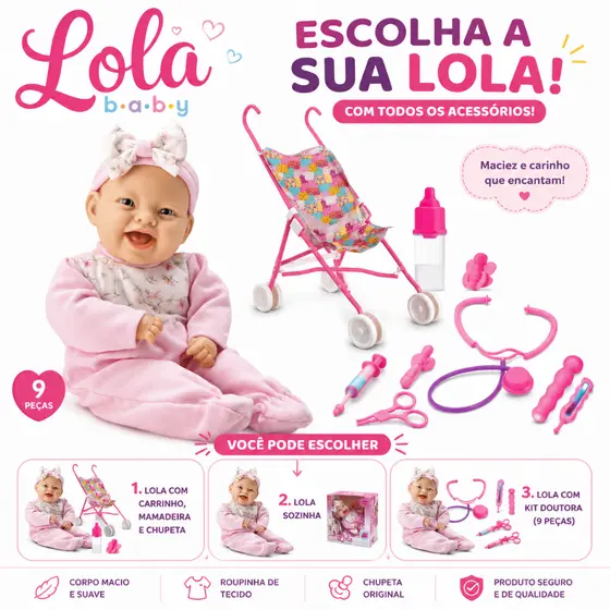 Boneca Lola Com Chupeta Mamadeira Lola Baby Rosa Menina Brinquedo Infantil Bebê Kit Medica Doutora