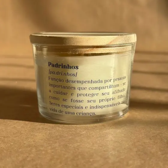 Vela Padrinhos 100g c/ tampa de madeira - O ANÚNCIO REFERE-SE A 1 UNIDADE VELA PADRINHOS BATIZADO OU CASAMENTO
