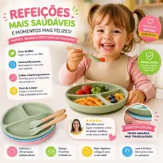 Kit Prato Pratinho Infantil Silicone + Talhe e Divisórias intodução alimentar Para Bebê Antiderrapantes