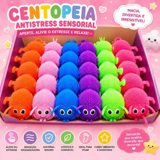 Brinquedo Infantil Centopéia Lagarta com Luz De Apertar E Esticar Colorida