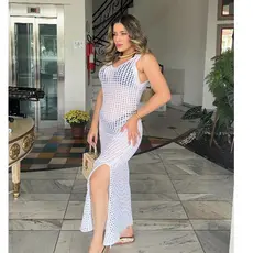 Saída de Praia Longa Rendada Crochê Rendada Tricot elegante Com Fenda Lateral