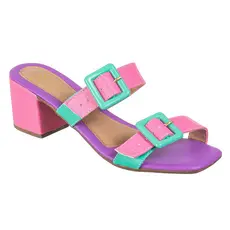 Tamanco Feminino Multicolorido Saltinho Grosso Quadrado e Bico Quadrado Ajuste De Fivela Roxo Salinas Azaleia Confortável