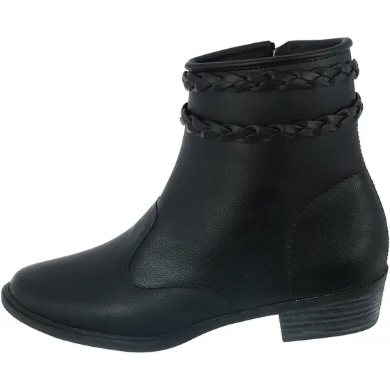 Coturno Feminino Botinha Salto Baixo Cano Curto Zíper Detalhe Em Trancinhas Bico Redondo