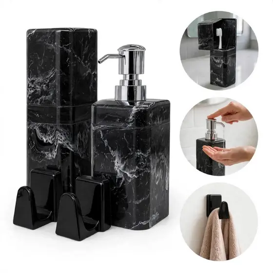 Kit 4 Peças Porta Escova + Porta Sabonete Líquido + 2 Ganchos Multiuso