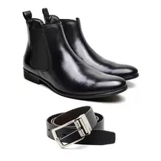 Kit Bota Masculina Chelsea Couro Legitimo Original Cano Curto Clássica Atemporal Mais Cinto Dupla Face Sintético