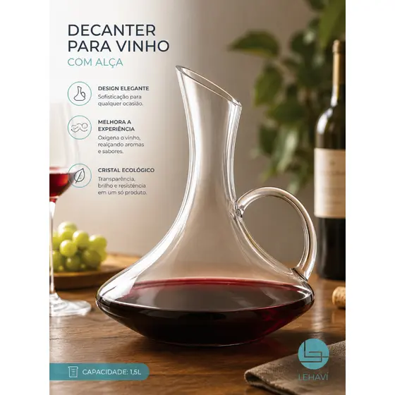 Decanter de Vidro 1,7 Litros Elegante para Vinho, Whisky e Bebidas TOP