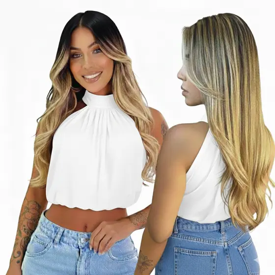Cropped Feminino Gola Alta Suplex Premium Elegante Sem Manga Moda Blogueira Look Social Chic